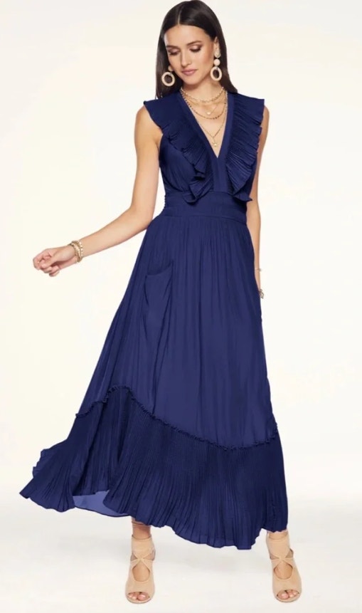 Ramy Brook Camden Ruffle Maxi Dress Navy Blue Accordion Pleat V Neck Women's M